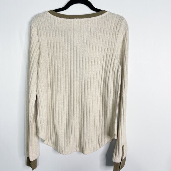 New Hem & Thread Large L Cream Cozy Ribbed Long Sleeve Henley Leopard Print Trim - Picture 2 of 10